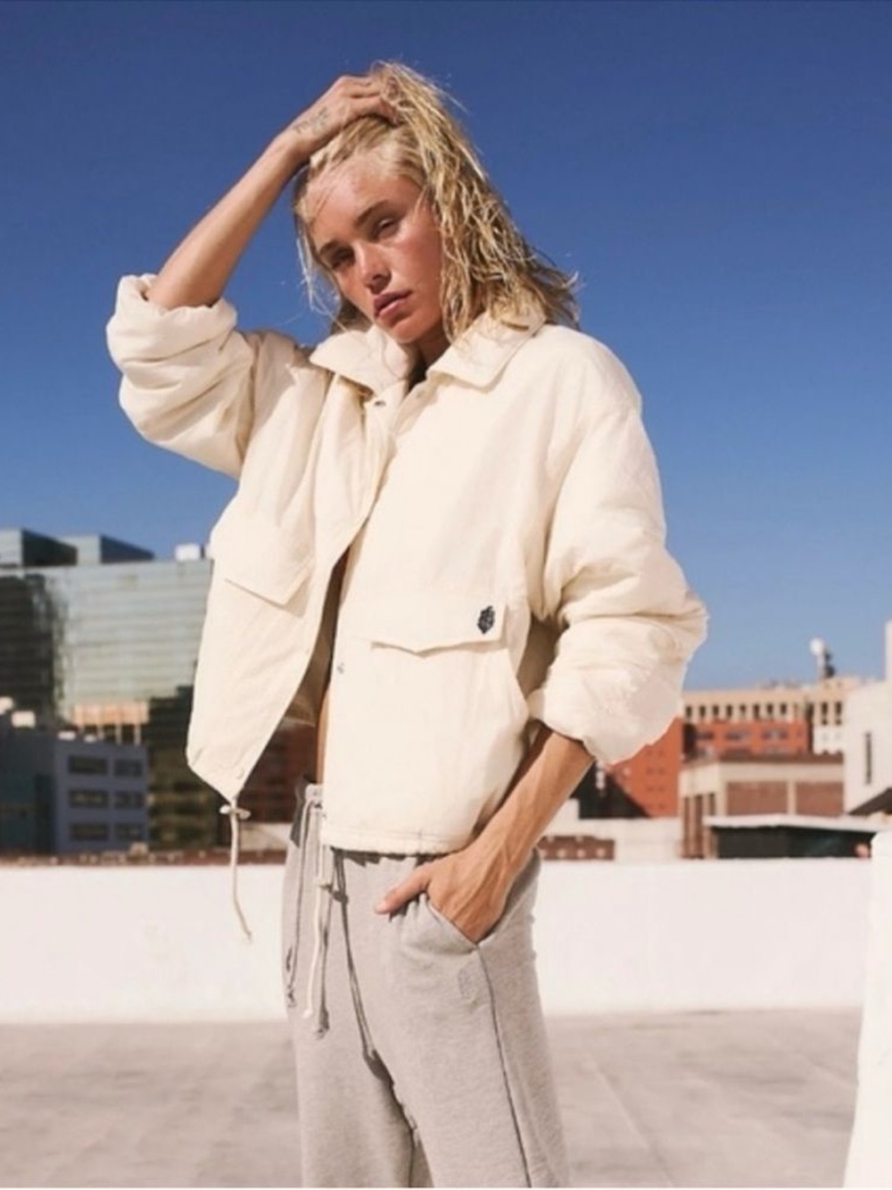 $148 Free People Movement Off The Bleachers Coaches Jacket in Ivory Size XS